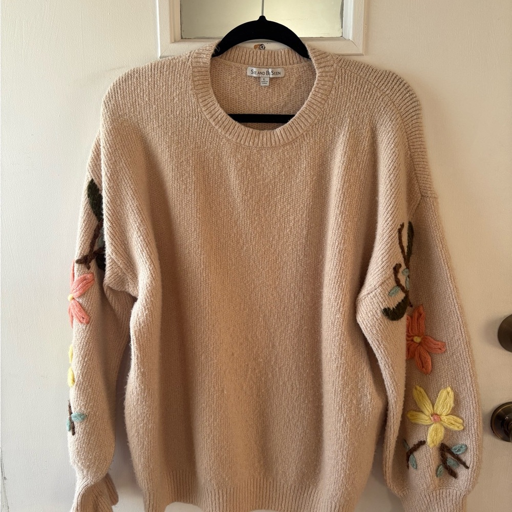 Embroidered Floral Beige Sweater